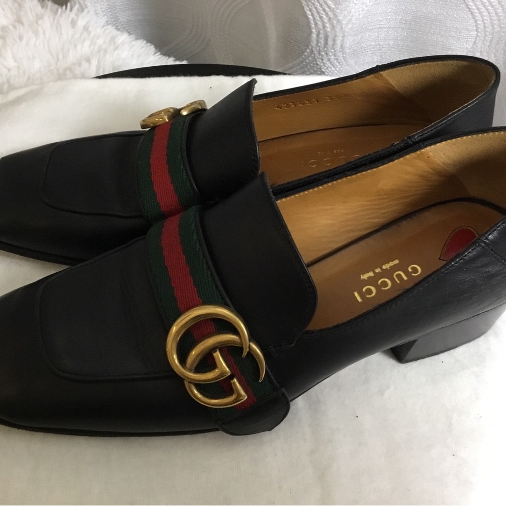 Authentic Gucci Black Leather Loafers with Red and Green Web & Gold Double G - Picture 6 of 12
